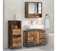 Mangloder Ensemble Meuble Salle Bain 3 pcs Bois Ancien avec Miroir Colonne sous Vasque Rangement tiroir Porte Mural pour Toilette Douche buanderie aménagement
