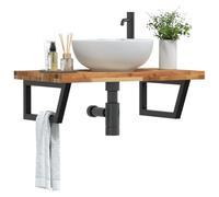 Mangloder Étagère d'évier murale en acier et bois d'acacia 60 x 50 x 4 cm avec support trapèze, étagère peu encombrante pour salle de bain, espace de rangement pour cosmétiques et serviettes, charge