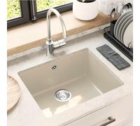 Mangloder Lavabo beige 530 x 460 mm en 80 % quartz et 20 % résine pour cuisine moderne, évier encastrable avec bonde, siphon, kit d'accessoires, résistant aux rayures et aux taches, pour la maison, le
