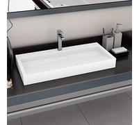 Mangloder Lavabo en fonte minérale - Blanc - 100 x 46 x 11 cm - Avec trou de robinet - Pour lavabo, lavabo et salle de bain, comme vasque à poser ou montage mural pour salle de bain et WC d'invités