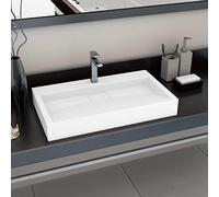 Mangloder Lavabo en fonte minérale blanche 80 x 46 x 11 cm avec trou de robinet, comme lavabo à poser ou montage mural pour salle de bain, WC d'invités, lavabo et lavabo