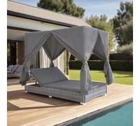 Mangloder Lit d'extérieur avec rideaux en polyrotin gris, chaise longue double réglable avec 2 grands coussins, lit de jardin résistant aux intempéries pour terrasse, balcon, piscine et heures de