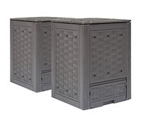 Mangloder Lot de 2 composteurs de jardin marron aspect rotin en plastique - 60 x 60 x 83 cm - 300 l chacune - Couvercle divisé pour ventilation et déchets