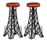 Mangloder Lot de 2 tabourets de bar en cuir véritable avec cadre en fer revêtu par pulvérisation, 40 x 40 x 76 cm, marron et noir, design tour Eiffel, tabouret de cuisine, tabouret de comptoir