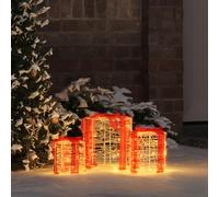Mangloder Lot de 3 boîtes cadeau décoratives en acrylique blanc chaud 20 x 20 x 21 cm avec 60 LED USB pour Noël, intérieur et extérieur protégé, décoration de fête moderne avec arc rouge
