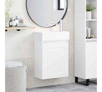 Mangloder Meuble de lavabo de salle de bain avec lavabo en céramique blanche et robinet mitigeur, meuble de rangement mural, porte réversible, design moderne, matériau en bois, 45,5 x 22,5 x 84 cm