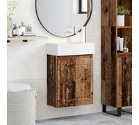 Mangloder Meuble de lavabo de salle de bain en bois vieilli avec lavabo en céramique et mitigeur argenté, montage mural, armoire de rangement avec porte et étagère pour salle de bain, WC d'invités