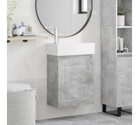 Mangloder Meuble de lavabo de salle de bain gris béton avec lavabo en céramique blanche et robinet mélangeur, montage mural, espace de rangement avec porte réversible, meuble de salle de bain moderne