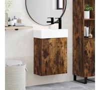 Mangloder Meuble de Salle de Bain avec Robinet Chêne fumé, Meuble lavabo Vasque Mural avec Rangement, Armoire, Porte, étagère et Niche pour Toilette, sanitaire, Organisation et