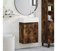 Mangloder Meuble de Salle de Bain avec Robinet en Bois d'ingénierie Chêne fumé, Meuble lavabo Mural avec Armoire de Rangement, Porte réversible et Siphon, idéal pour Espace optimisé