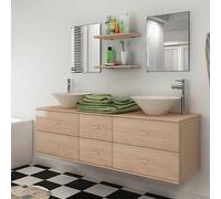 Mangloder Meuble de Salle de Bain Beige 9 pcs avec lavabo en céramique, Robinet chromé, Miroir, étagère, Armoire Murale, tiroirs et Rangement Pratique pour Salle de Bain et buanderie