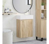 Mangloder Meuble de Salle de Bain en Bois d'ingénierie avec Robinet mélangeur, Armoire Murale avec Porte réversible, Espace de Rangement, lavabo en céramique Blanc, idéal pour Salle Bain Moderne