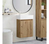 Mangloder Meuble de salle de bain en chêne Artisan avec lavabo en céramique, robinet mélangeur, espace de rangement, porte réversible, montage mural, meuble de salle de bain compact pour invités WC et