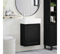 Mangloder Meuble de salle de bain noir avec lavabo en céramique et robinet mitigeur, meuble de salle de bain en bois avec espace de rangement, porte réversible, taille compacte
