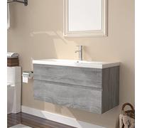 Mangloder Meuble lavabo avec vasque encastrée en bois d'ingénierie Sonoma gris pour salle de bain avec armoire de rangement, colonne murale, tiroir, porte, étagère, niche, compatible avec robinetterie