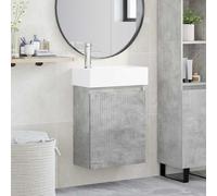 Mangloder Meuble sous lavabo de salle de bain gris béton avec lavabo en céramique blanche et robinet argenté, montage mural avec espace de rangement, porte réversible, dimensions compactes pour salle