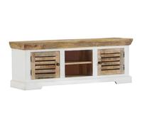 Mangloder Meuble TV en bois de manguier massif 110 x 30 x 40 cm, marron et blanc, fait à la main, peint poli, laqué, 2 portes, 2 compartiments, meuble bas pour salon et rangement