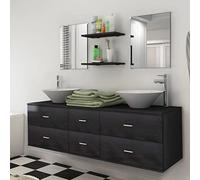 Mangloder Meubles de Salle de Bain 9 pcs Noir avec lavabo en céramique, Robinet chromé, Armoire Murale 150x45x45 cm, miroirs, étagères, tiroirs pour Rangement optimisé Salle de Bain