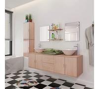 Mangloder Mobilier de Salle de Bain Beige en aggloméré 9 pcs avec lavabo céramique Double Vasque Miroir Armoire étagère Rangement Mural Suspendu pour optimisation Espace Salle de Bain
