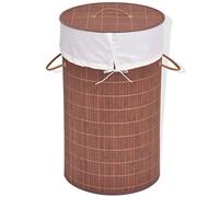 Mangloder Panier à linge rond en bambou marron avec insert amovible en polyester, pliable et pliable, 35 x 60 cm, avec couvercle et poignée pour salle de bain, chambre à coucher, buanderie