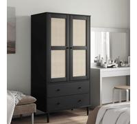 Mangloder Penderie SENJA - Noir - Aspect rotin - 90 x 55 x 175 cm - En pin massif avec vernis UV - 2 tiroirs, 4 compartiments - Rangement pour chambre à coucher et couloir