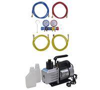 Mangloder Pompe à Vide avec Distributeur 4 Voies Kit Manomètre 220V 50Hz Boîtier en Aluminium 2.5CFM 250W Portable pour Accessoires de Climatisation, Refroidissement, Purge, Assemblage, Réparation