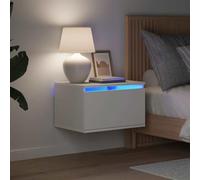 Mangloder Table de Chevet Murale Suspendue en Bois d'ingénierie Blanc avec lumières LED RVB, 50 x 36 x 30 cm, Rangement tiroir et Niche pour Chambre, Salon, Bureau, Appartement