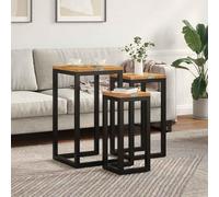 Mangloder Table gigogne 3 pcs Marron Bois de Teck Massif Ensemble gigogne avec Plateau en Verre et Structure Acier pour Salon séjour intérieur Design Moderne