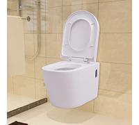 Mangloder WC mural en céramique blanche avec système d'abaissement automatique, chasse d'eau plate, sans rebord, facile à monter, idéal pour la salle de bain et la chambre d'amis, cuvette sanitaire