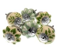 Mango Tree - Boutons de placard peints à la main en eau de Nil vert et crème cœurs et feuilles - Lot de 6