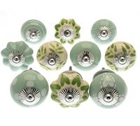 Mango Tree Lot de 10 boutons de placard vintage - Vert clair et crème avec motifs à pois, pois et rayures - Poignée de porte en céramique
