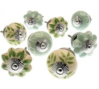 Mango Tree Lot de 8 boutons de placard vintage - Vert clair et crème avec motifs, pois, pois et rayures - Poignée de porte en céramique - Ferrures élégantes