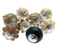 Mango Tree Lot de 8 boutons de placard vintage - Vert foncé, crème et vert sauge avec motifs - Poignée de porte en céramique - Ferrures élégantes