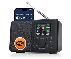 MangoKit SR10 Radio Internet avec Dab/Dab+,Radio WiFi avec Lecteur de Podcasts,Dab Intelligente avec Bluetooth,FM,de Cuisine avec Alimentation et Batterie,Double Alarme,Support de Présélection-Noir