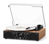 MANGOSTAN Heritage Walnut Tourne-disque vinyle Bluetooth à 3 vitesses avec haut-parleurs intégrés, cartouche stylet rubis, tourne-disque HiFi à entraînement par courroie avec radio FM, écran LCD