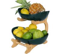 Mangoton Corbeille à fruits à 2 niveaux, bol à fruits en céramique pour comptoir de cuisine, corbeille à fruits pour cuisine, Fruteros para Cocina, taille L, vert