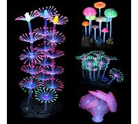 Mangsen Lot de 4 décorations d'aquarium phosphorescentes en Silicone pour décoration d'aquarium - Récif de Corail - Champignon et anémone