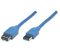 Manhattan Câble USB USB 3.2 Gen1 (USB 3.0) USB-A mâle, USB-A Femelle 2.00 m Bleu Contacts dorés, certifié UL 322379-CG