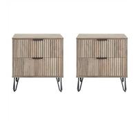 Manhattan Comfort Dumbo Lot de 2 tables de nuit modernes 2.0 avec 2 pieds en métal, pieds évasés dorés, design nervuré vertical, rangement sans outils pour chambre à coucher, gris rustique