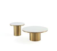 Manhattan Comfort Glenn Lot de 2 tables basses rondes avec plateau en pierre frittée et base en acier inoxydable, design élégant pour salon moderne, collection complète, doré