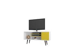 Manhattan Comfort Liberty Collection Mid Century Modern TV Stand With One Cabinet and Three Open Shelves and One Cubby With Splayed Legs, White/Wood