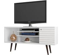 Manhattan Comfort Liberty Collection Mid Century Modern TV Stand With One Cabinet and Three Open Shelves and One Cubby With Splayed Legs, White/Wood