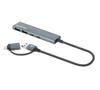 Manhattan Dock/hub combo USB-C & USB-A, 4 ports : 2x USB-A + 2x USB-C, 5 Gbit/s (USB 3.0), Alimenté par USB (aucune alimentation externe requise), aluminium