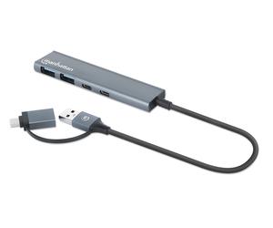 Manhattan Dock/hub combo USB-C & USB-A, 4 ports : 2x USB-A + 2x USB-C, 5 Gbit/s (USB 3.0), Alimenté par USB (aucune alimentation externe requise), aluminium