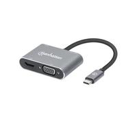 Manhattan Dock/hub USB-C, 4 ports : HDMI, USB-A, USB-C et VGA, avec Power Delivery (PD) 87 W - nécessite un chargeur USB-C externe (non inclus). Alimenté par USB (aucune alimentation externe requise) 