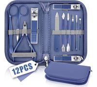 Manicure Set,Professional Manicure Kit,Manicure Kit For Women And Men,Nail Clippers Clipper Set,Travel Nail Clippers Set With Blue Leather Travel Bag,12-In-1 Set