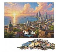 Manila Philippines Cityscape Illustration Puzzle en Bois, 1000 pièces | Cadeau du Nouvel An pour passionné : activité sans écran à la maison seul ou à plusieurs.