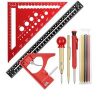 Manillefu Ensemble d'équerre de menuisier, mètre métrique et jauge | Rapporteur d'angle 0-90° avec 3 crayons de construction, règle d'angle combinée en alliage d'aluminium pour bricolage