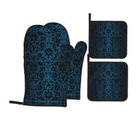 Maniques Cuisine Damas Floral Victorien Turquoise Et Noir Anti Chaleur Gants De Four Lavable Lot De 4 pour Barbecue Cuisson Micro-Ondes