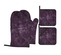 Maniques Cuisine Gants Four Aubergine Velours Damas Prune Fleur Violette Imperméable Ensemble De Gants De Four Flexible Lot De 4 pour Cuisson Micro-Ondes Griller